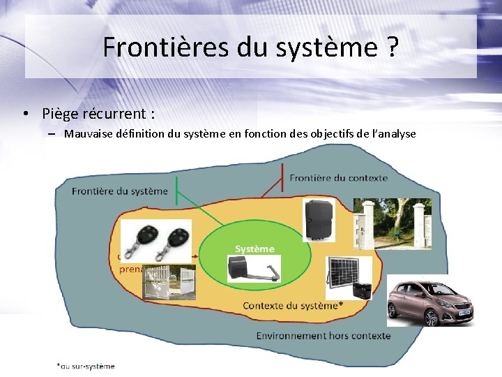 Frontières du système ? • Piège récurrent : – Mauvaise définition du système en