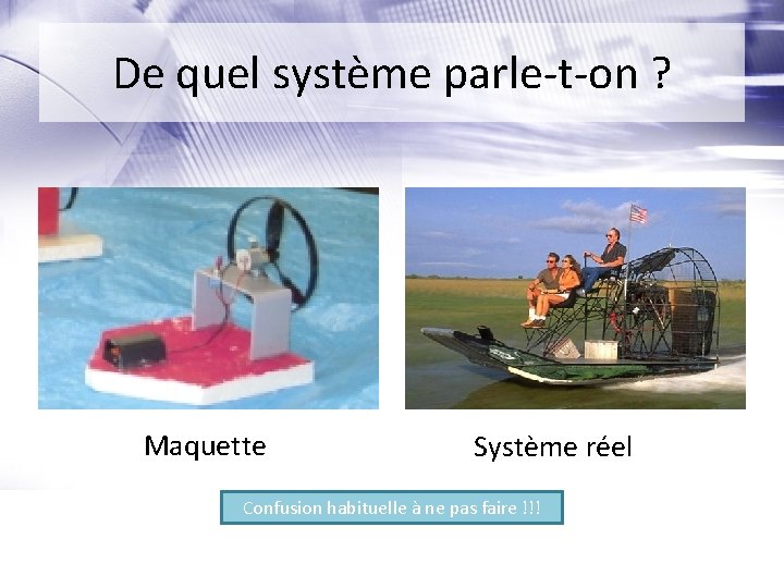 De quel système parle-t-on ? Maquette Système réel Confusion habituelle à ne pas faire