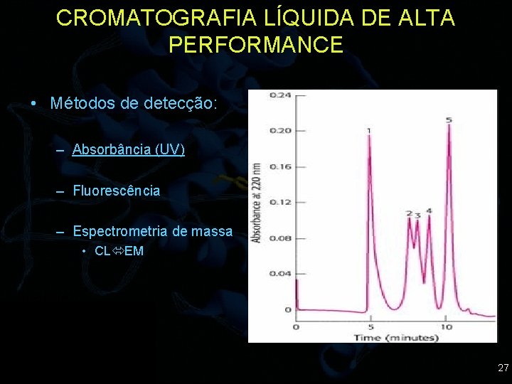 CROMATOGRAFIA LÍQUIDA DE ALTA PERFORMANCE • Métodos de detecção: – Absorbância (UV) – Fluorescência