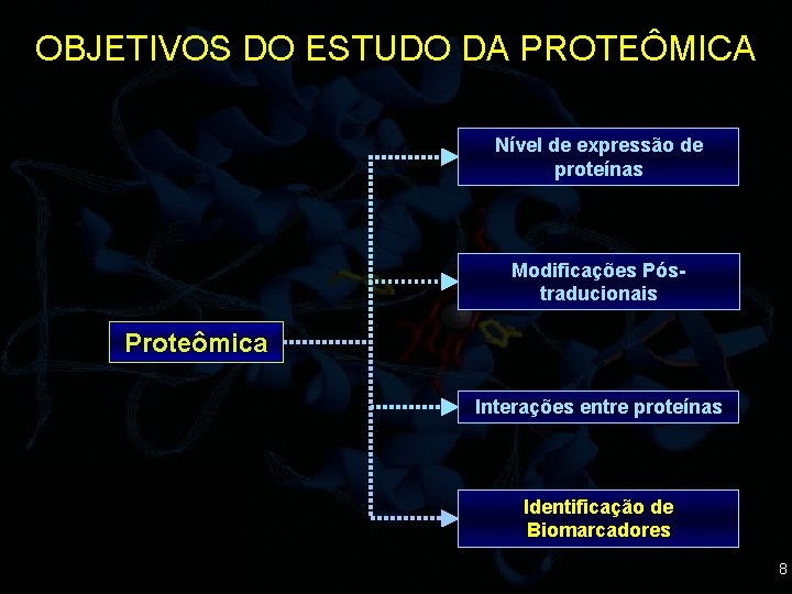 OBJETIVOS DO ESTUDO DA PROTEÔMICA Nível de expressão de proteínas Modificações Póstraducionais Proteômica Interações