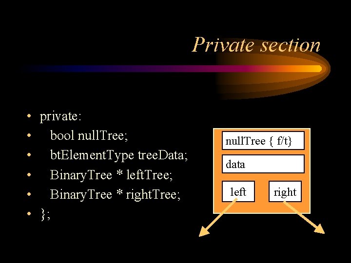 Private section • private: • bool null. Tree; • bt. Element. Type tree. Data;