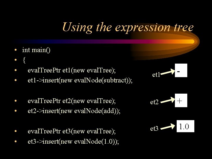 Using the expression tree • int main() • { • eval. Tree. Ptr et
