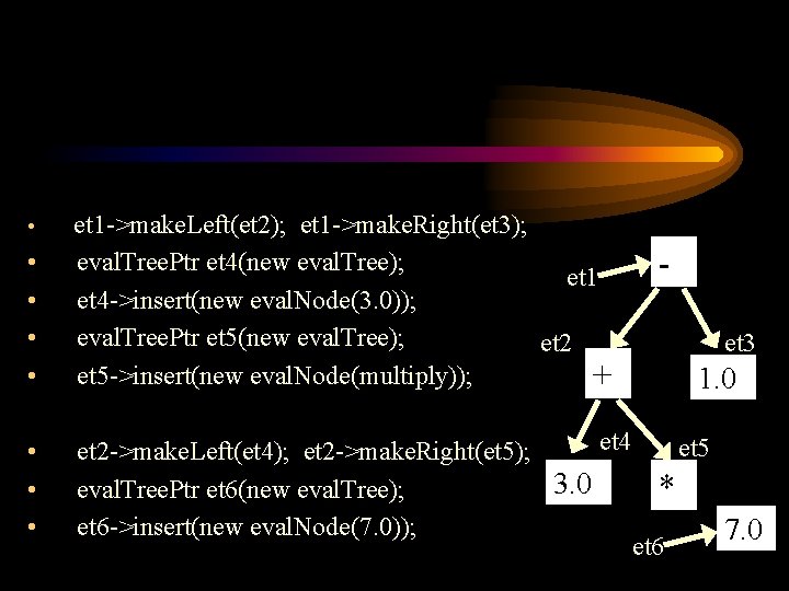  • • et 1 ->make. Left(et 2); et 1 ->make. Right(et 3); eval.