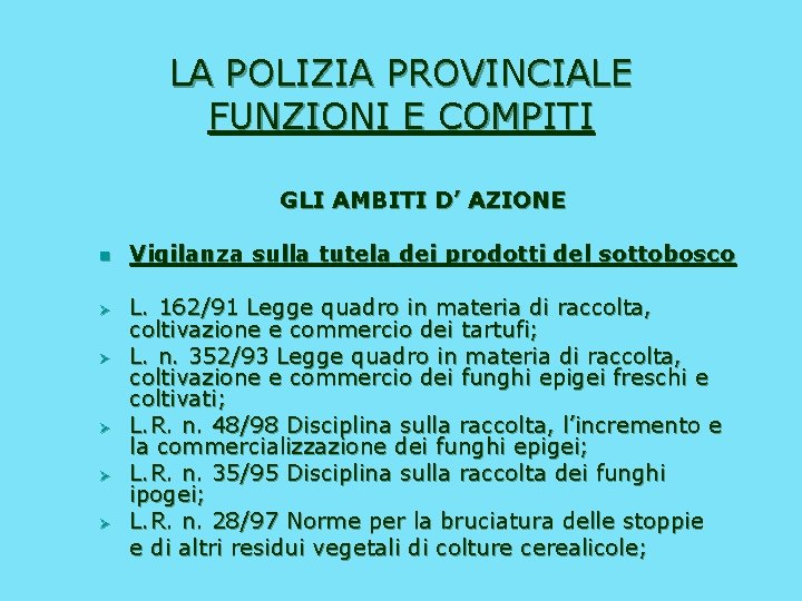 LA POLIZIA PROVINCIALE FUNZIONI E COMPITI GLI AMBITI D’ AZIONE n Ø Ø Ø