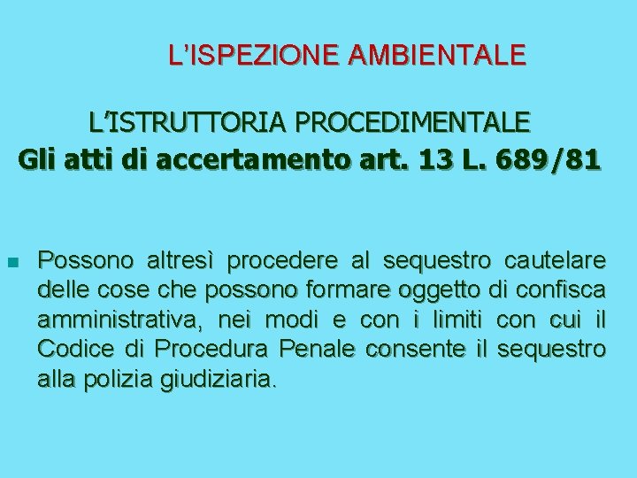 L’ISPEZIONE AMBIENTALE L’ISTRUTTORIA PROCEDIMENTALE Gli atti di accertamento art. 13 L. 689/81 n Possono