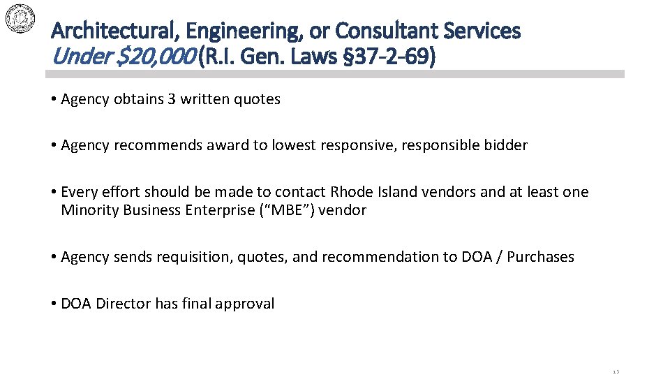 Architectural, Engineering, or Consultant Services Under $20, 000 (R. I. Gen. Laws § 37