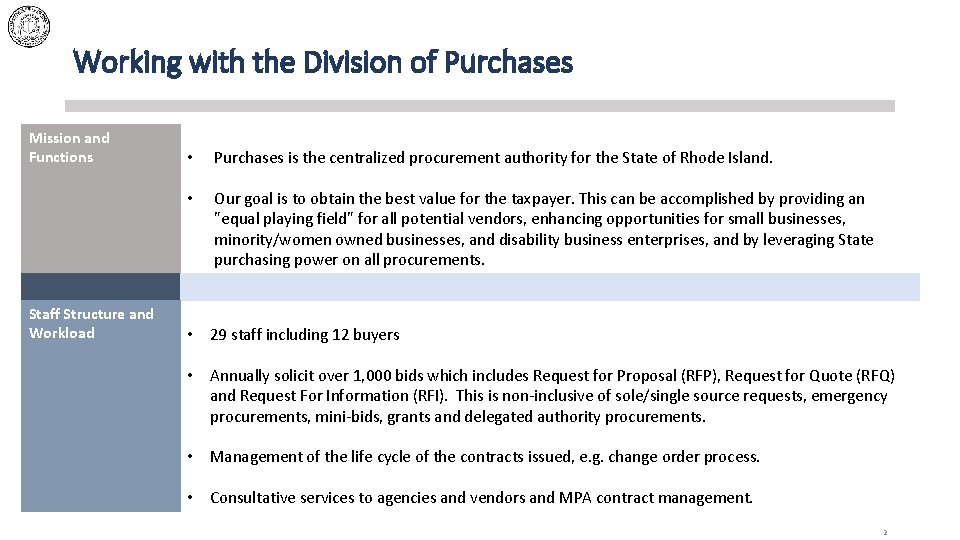 Working with the Division of Purchases Mission and Functions Staff Structure and Workload •