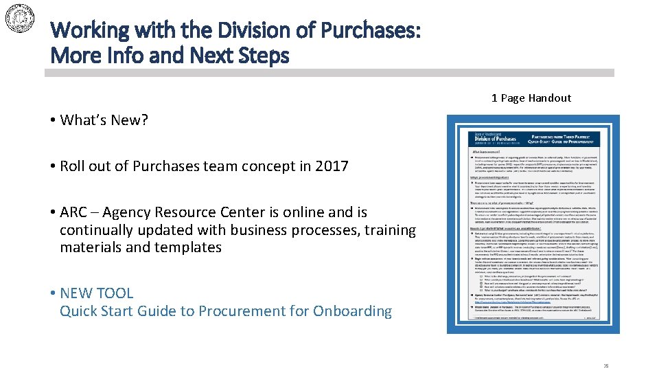 Working with the Division of Purchases: More Info and Next Steps 1 Page Handout