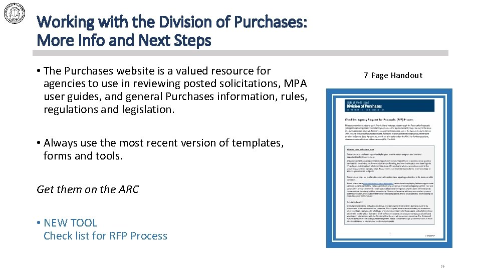 Working with the Division of Purchases: More Info and Next Steps • The Purchases