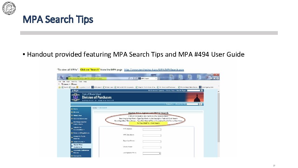 MPA Search Tips • Handout provided featuring MPA Search Tips and MPA #494 User