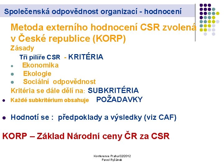 Společenská odpovědnost organizací - hodnocení Metoda externího hodnocení CSR zvolená v České republice (KORP)
