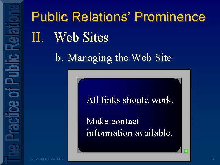 Public Relations’ Prominence II. Web Sites b. Managing the Web Site All links should