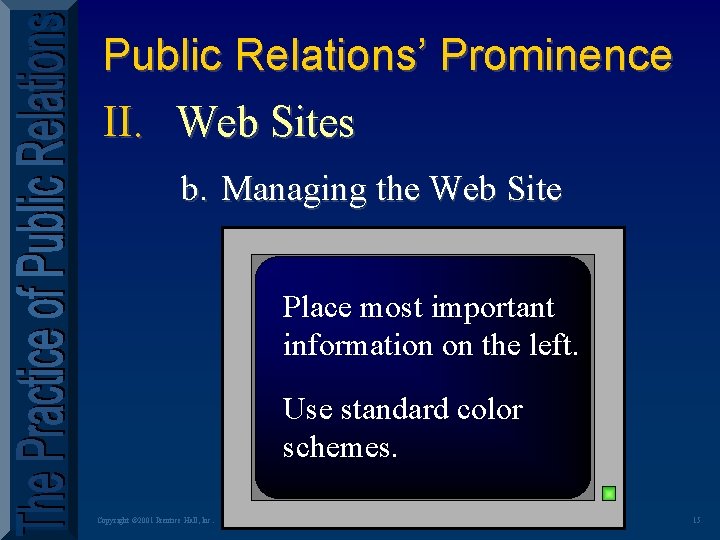 Public Relations’ Prominence II. Web Sites b. Managing the Web Site Place most important