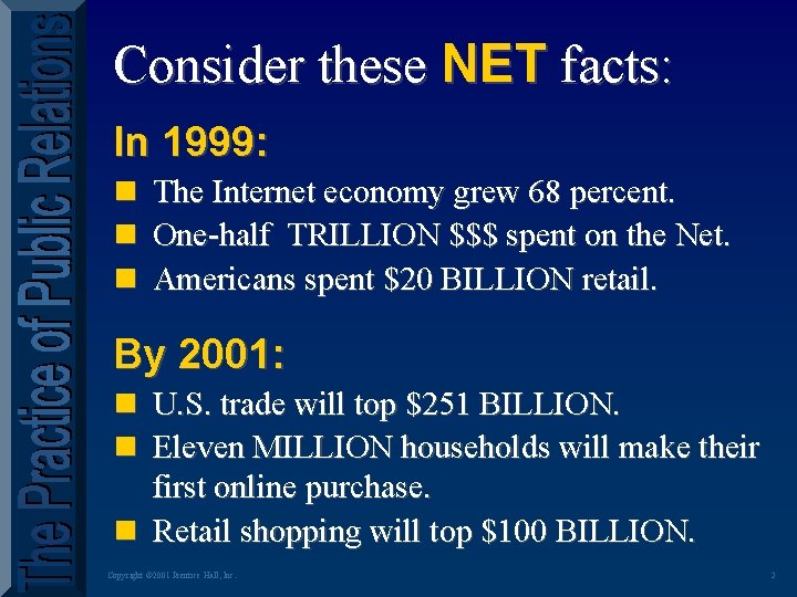 Consider these NET facts: In 1999: n The Internet economy grew 68 percent. n