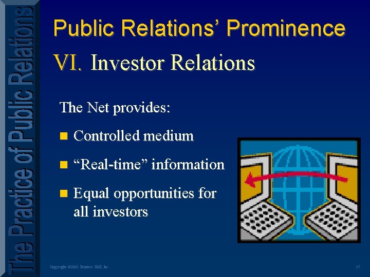 Public Relations’ Prominence VI. Investor Relations The Net provides: n Controlled medium n “Real-time”