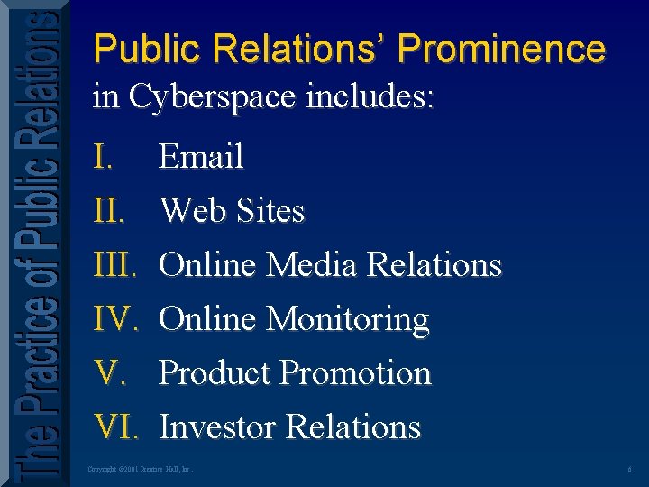 Public Relations’ Prominence in Cyberspace includes: I. III. IV. V. VI. Email Web Sites