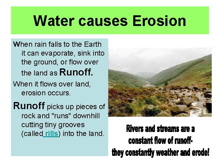 Water causes Erosion When rain falls to the Earth it can evaporate, sink into