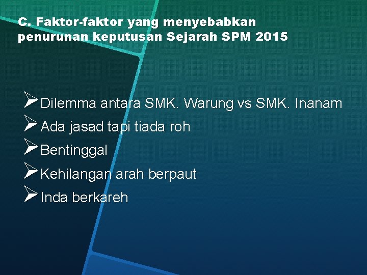 C. Faktor-faktor yang menyebabkan penurunan keputusan Sejarah SPM 2015 ØDilemma antara SMK. Warung vs