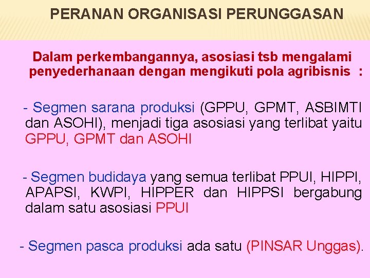 PERANAN ORGANISASI PERUNGGASAN Dalam perkembangannya, asosiasi tsb mengalami penyederhanaan dengan mengikuti pola agribisnis : PERANAN ORGANISASI PERUNGGASAN Dalam perkembangannya, asosiasi tsb mengalami penyederhanaan dengan mengikuti pola agribisnis :