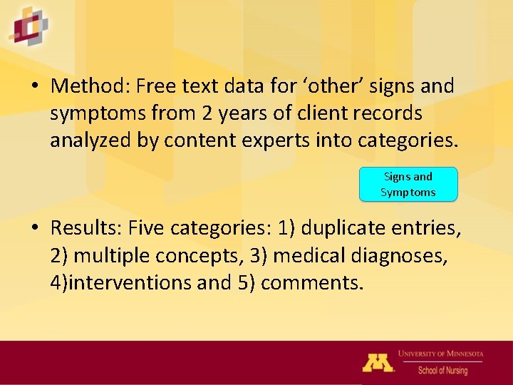  • Method: Free text data for ‘other’ signs and symptoms from 2 years