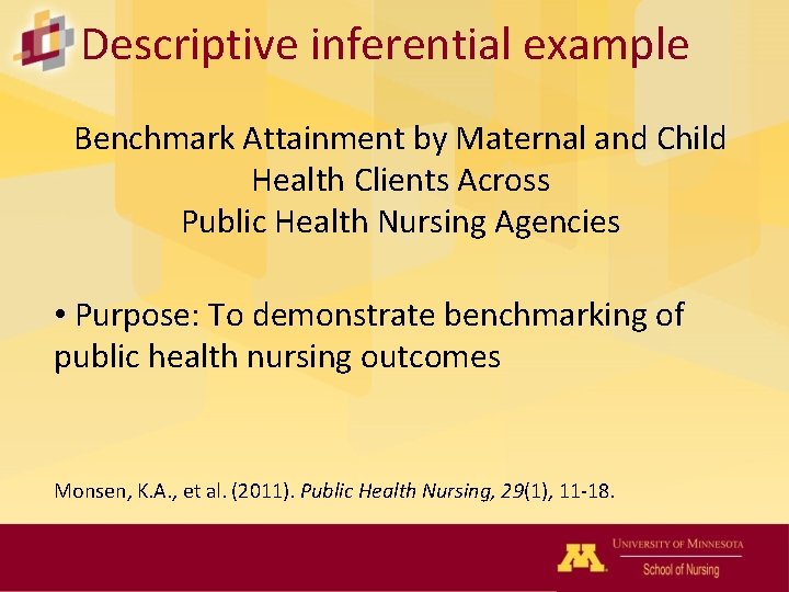 Descriptive inferential example Benchmark Attainment by Maternal and Child Health Clients Across Public Health