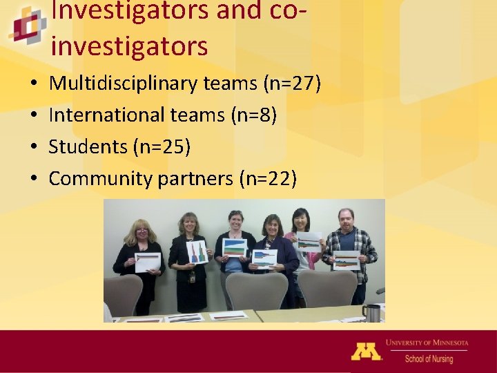 Investigators and coinvestigators • • Multidisciplinary teams (n=27) International teams (n=8) Students (n=25) Community