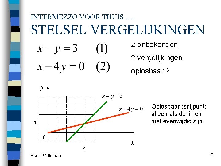 INTERMEZZO VOOR THUIS …. STELSEL VERGELIJKINGEN 2 onbekenden 2 vergelijkingen oplosbaar ? y Oplosbaar