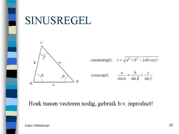 SINUSREGEL Hoek tussen vectoren nodig, gebruik b. v. inproduct! Hans Welleman 28 