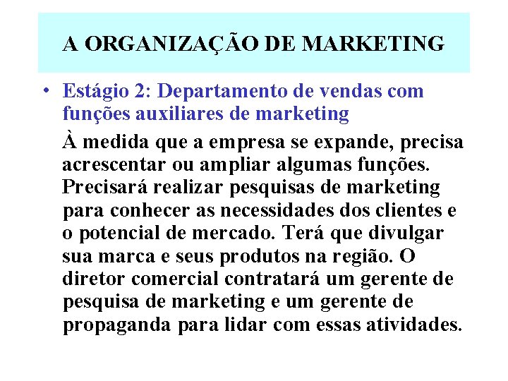 A ORGANIZAÇÃO DE MARKETING • Estágio 2: Departamento de vendas com funções auxiliares de