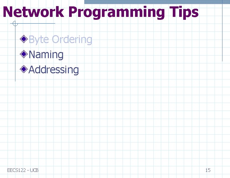 Network Programming Tips Byte Ordering Naming Addressing EECS 122 - UCB 15 