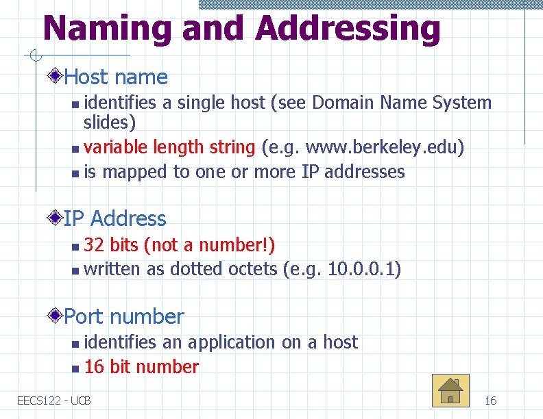 Naming and Addressing Host name identifies a single host (see Domain Name System slides)