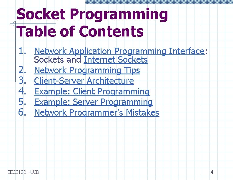 Socket Programming Table of Contents 1. Network Application Programming Interface: 2. 3. 4. 5.