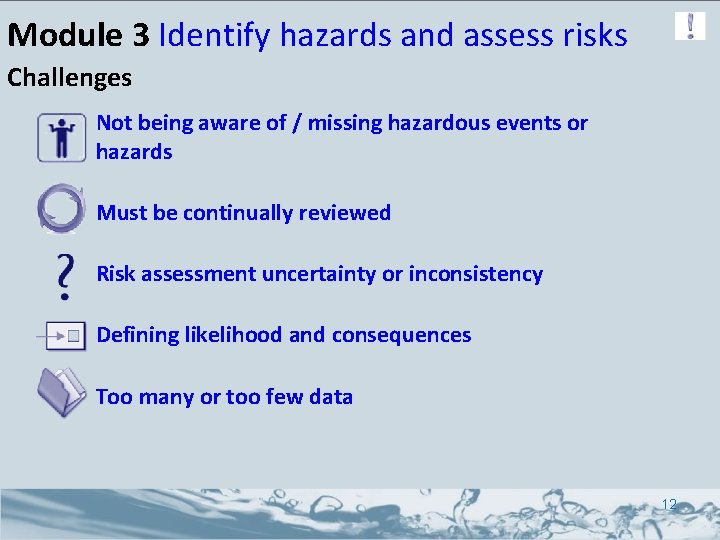 Module 3 Identify hazards and assess risks Challenges Not being aware of / missing