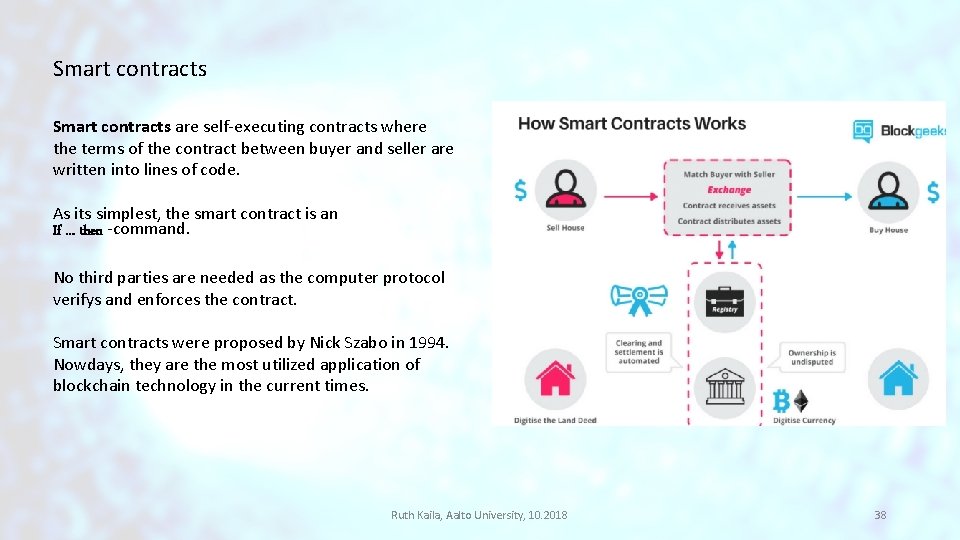 Smart contracts are self‐executing contracts where the terms of the contract between buyer and Smart contracts are self‐executing contracts where the terms of the contract between buyer and