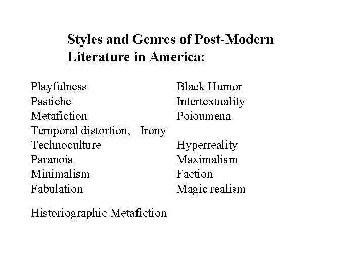 Styles and Genres of Post-Modern Literature in America: Playfulness Black Humor Pastiche Intertextuality Metafiction