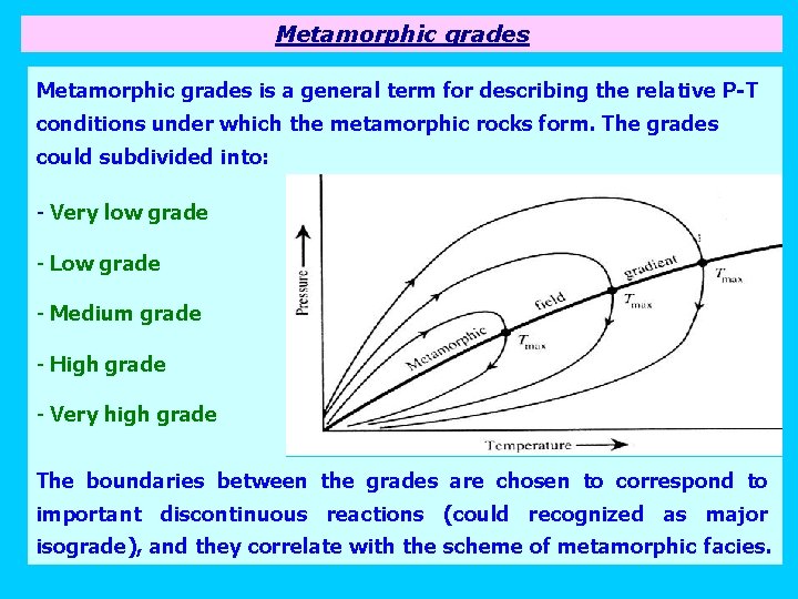 Metamorphic grades is a general term for describing the relative P-T conditions under which