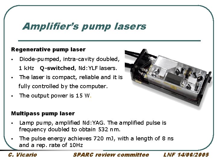 Amplifier’s pump lasers Regenerative pump laser § Diode-pumped, intra-cavity doubled, 1 k. Hz §