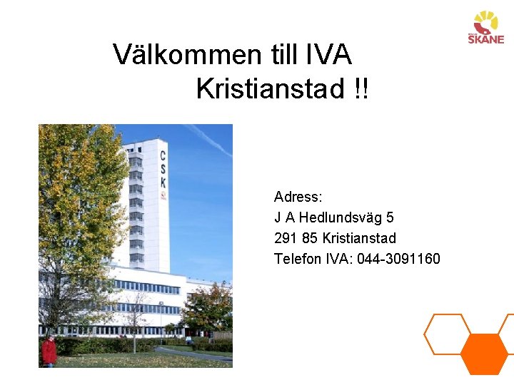 Välkommen till IVA Kristianstad !! Adress: J A Hedlundsväg 5 291 85 Kristianstad Telefon
