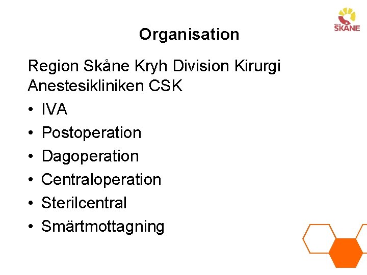Organisation Region Skåne Kryh Division Kirurgi Anestesikliniken CSK • IVA • Postoperation • Dagoperation