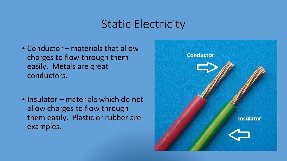 Static Electricity • Conductor – materials that allow charges to flow through them easily.