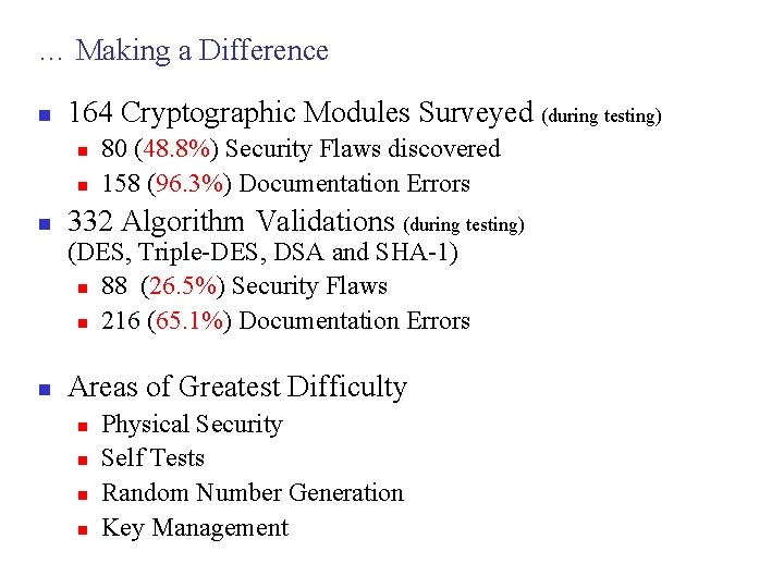 … Making a Difference n 164 Cryptographic Modules Surveyed (during testing) n n n