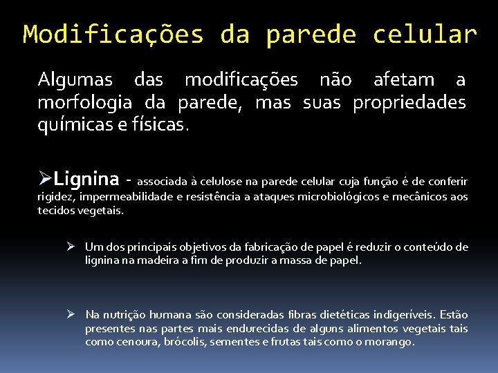 Modificações da parede celular Algumas das modificações não afetam a morfologia da parede, mas