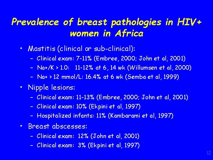 Prevalence of breast pathologies in HIV+ women in Africa • Mastitis (clinical or sub-clinical):