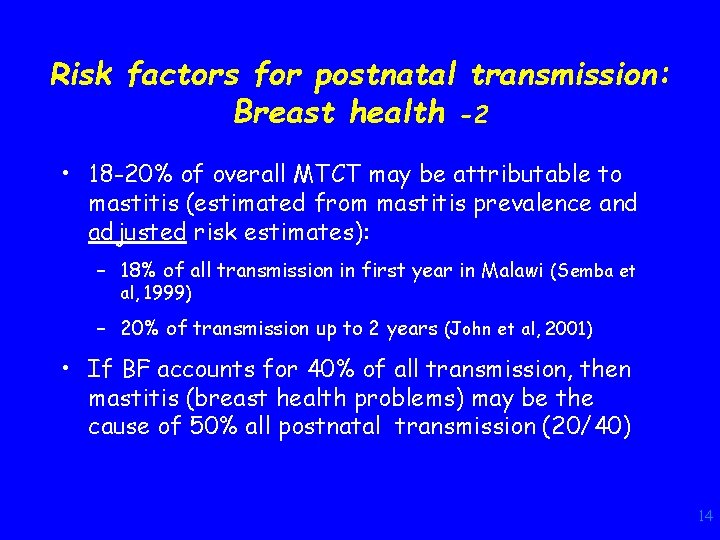 Risk factors for postnatal transmission: Breast health -2 • 18 -20% of overall MTCT