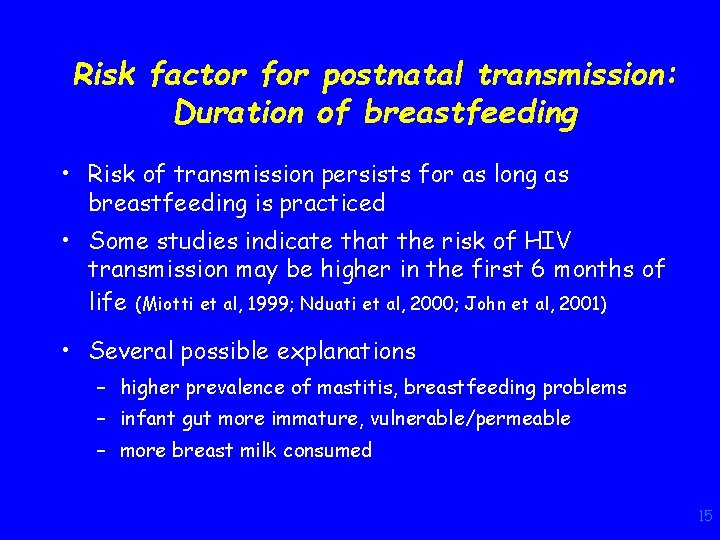 Risk factor for postnatal transmission: Duration of breastfeeding • Risk of transmission persists for