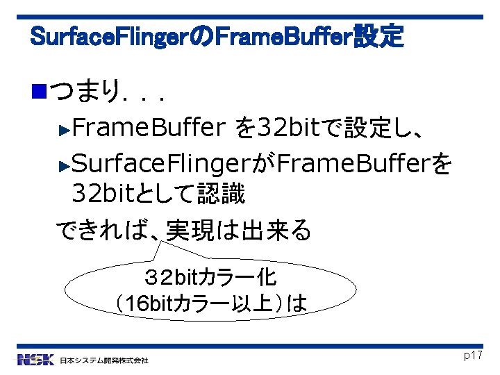Surface. FlingerのFrame. Buffer設定 つまり．．． Frame. Buffer を 32 bitで設定し、 Surface. FlingerがFrame. Bufferを 32 bitとして認識