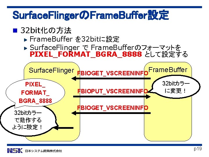 Surface. FlingerのFrame. Buffer設定 32 bit化の方法 Frame. Buffer を 32 bitに設定 Surface. Flinger で Frame.