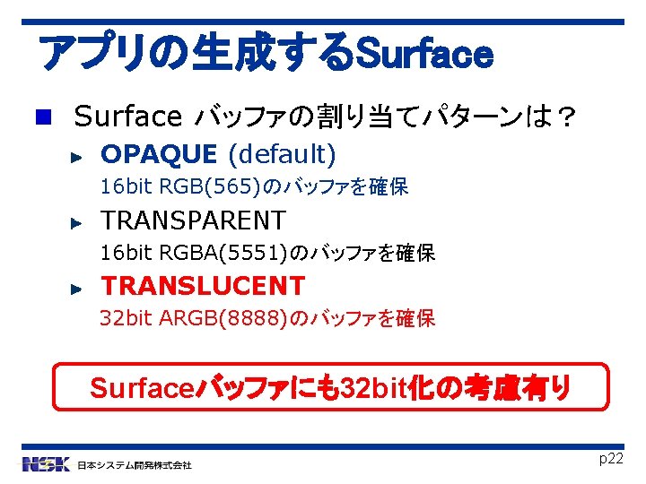 アプリの生成するSurface バッファの割り当てパターンは？ OPAQUE (default) 16 bit RGB(565)のバッファを確保 TRANSPARENT 16 bit RGBA(5551)のバッファを確保 TRANSLUCENT 32 bit