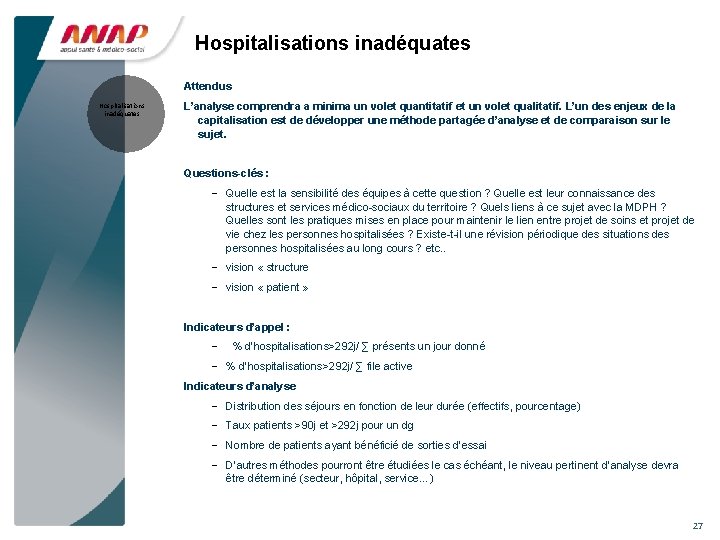 Hospitalisations inadéquates Attendus Hospitalisations inadéquates L’analyse comprendra a minima un volet quantitatif et un