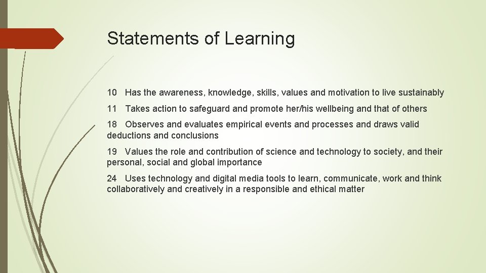 Statements of Learning 10 Has the awareness, knowledge, skills, values and motivation to live